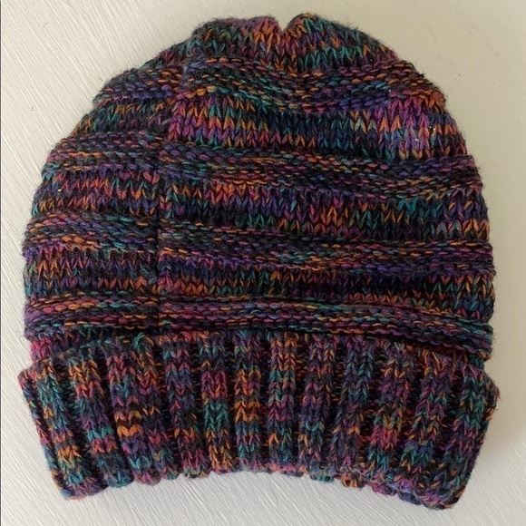 C.C Multicolored Pink Purple Teal Textured Winter Whimsical Bohemian Beanie Hat - Picture 9 of 15